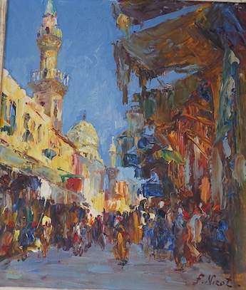 Francois Nicot (1873-1945), Impressionist oil on board, 'Street scene, Rue et Mosquec au Caire', signed, 34 x 29cm. Condition - good